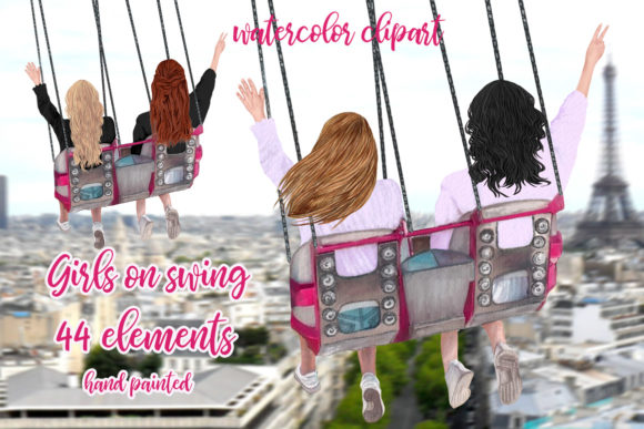 Best Friends Clipart, Girls on Swing Illustrations