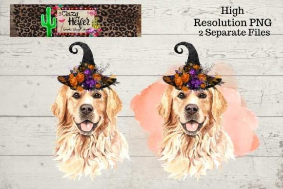 Golden Retriever Halloween Witch PNG and Illustrations
