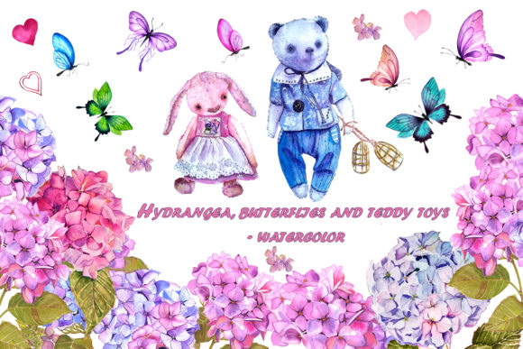 Hydrangea, Butterflies and Teddy Bears Illustrations