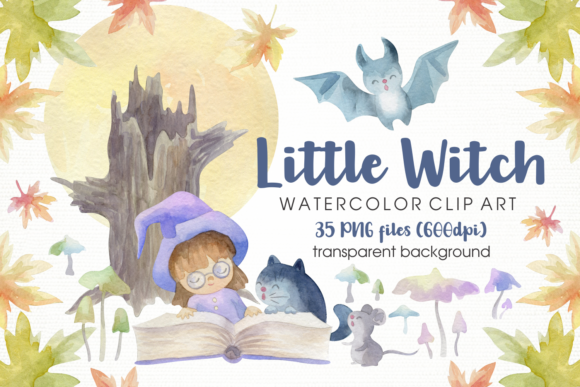 Little Witch and Cat. Halloween Set Illustrations