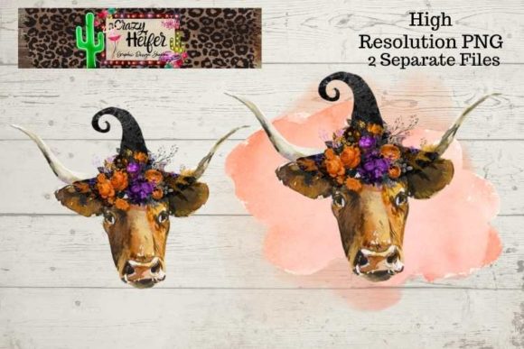 Long Horn Cow Halloween Witch Illustrations