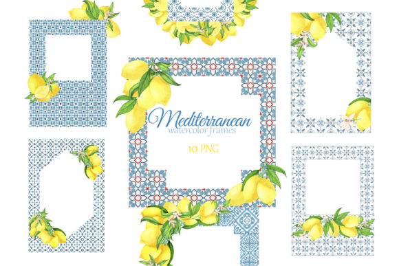 Mediterranean Tiles Frame with Lemons Illustrations