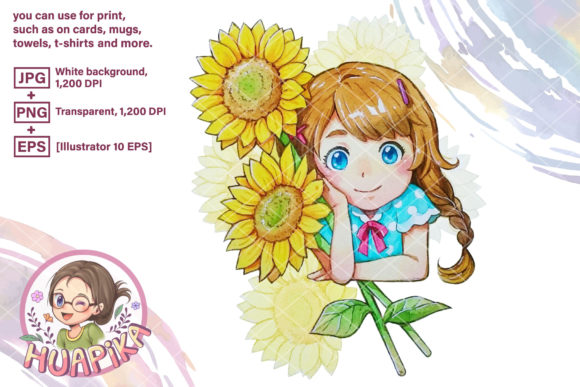 Pigtail Hair Girl and Two Sunflowers Illustrations