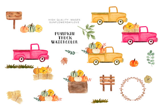 Pink Vintage Trucks Clipart, Pumpkin Illustrations