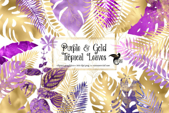 Purple and Gold Tropical Leaves Clipart for Illustrations