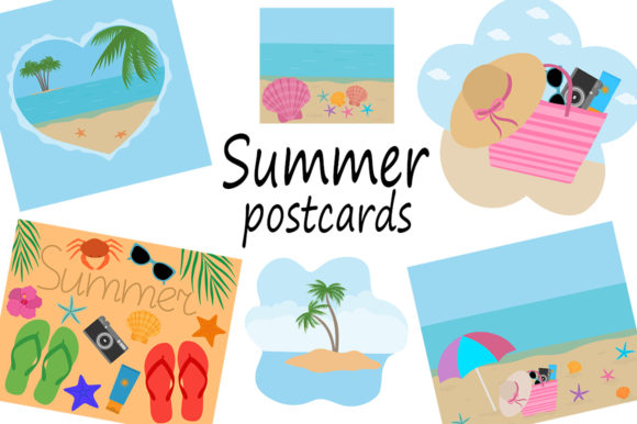 Set Postcards Summer Sea Beach Vector and Illustrations