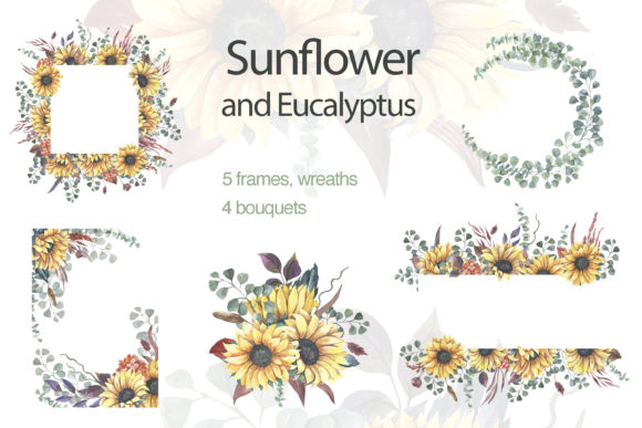 Sunflower Wreaths and Bouquets Illustrations